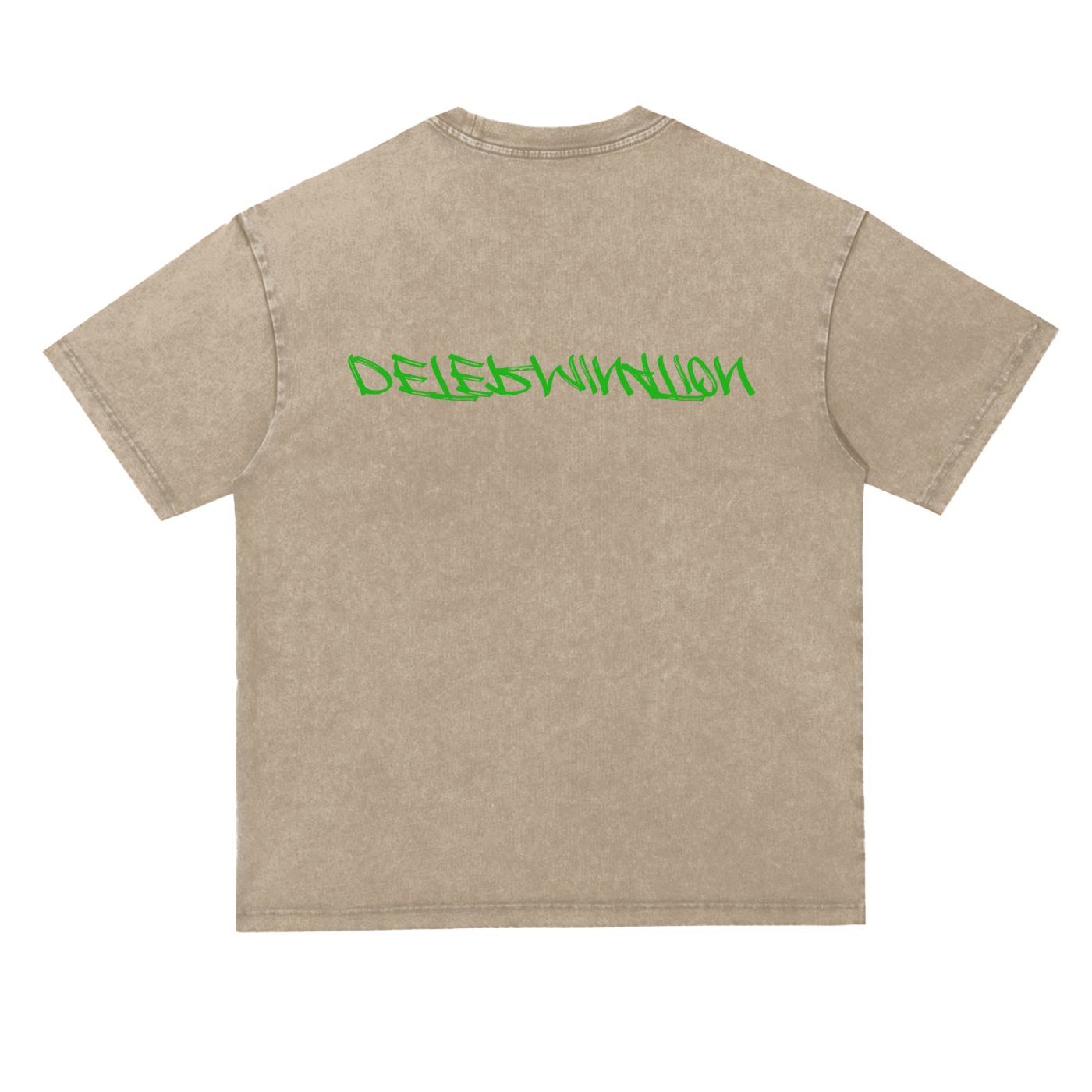 A beige short-sleeve t-shirt with a green stylized text graphic across the upper back, displayed against a solid white background. 'Determination'