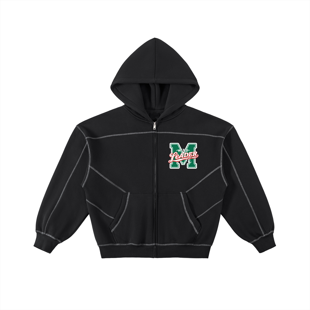Contrast-Stitched Boxy Fleece Zip Hoodie
